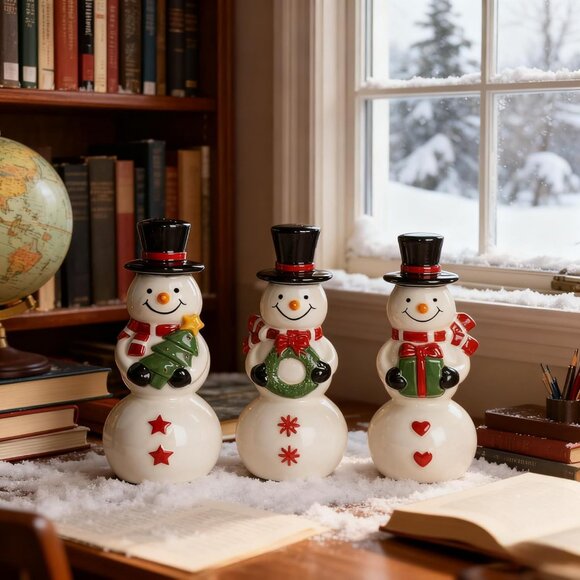 Set Of 3 Ceramic Cute Snowman Ornaments Christmas Decorations For Table - Picture 4 of 7